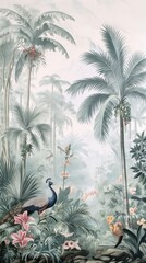 Enigmatic Rainforest Mural A Scenic Tapestry of Majestic Peacocks, Lush Palm Trees, and Playful Sloths Amidst Misty Mountains and Exotic Flora.