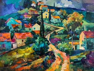Fototapeta premium A winding road leads through a colorful village nestled in a hillside landscape