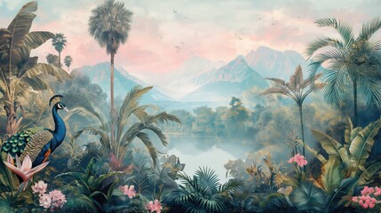 Whimsical Rainforest Oasis Pastel Jungle with Exotic Fauna and Flora
