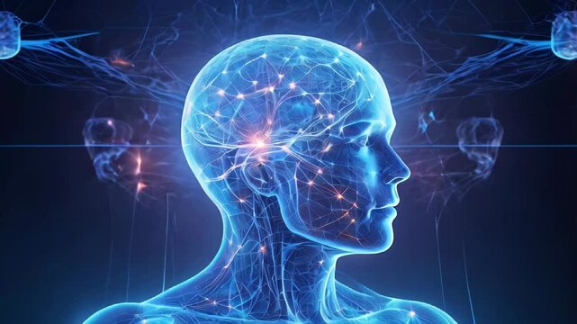 Illustration of human brain on digital background. AI generated
