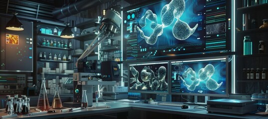 Cutting-Edge Laboratory Studying DNA Repair with Advanced Equipment and Digital Molecular Displays