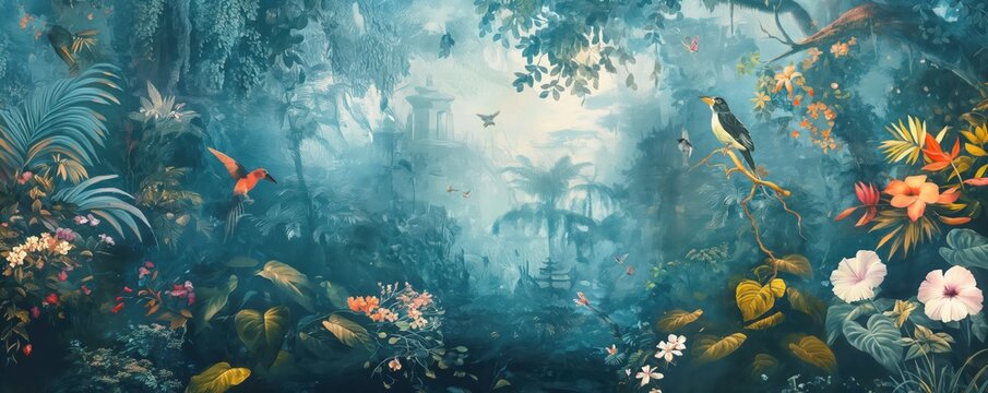 Vintage wallpaper of a dense jungle with vibrant birds, flowering bushes and ancient ruins in pastel palettes. mural art style. 