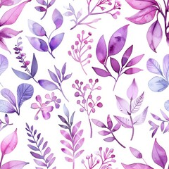 Seamless pattern of a drawn leaves and berries. Nice violet vintage pattern with white background