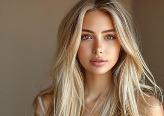 Naklejka premium Elegance personified, this image showcases a blonde woman with soft wavy hair, combining beauty with a serene poise