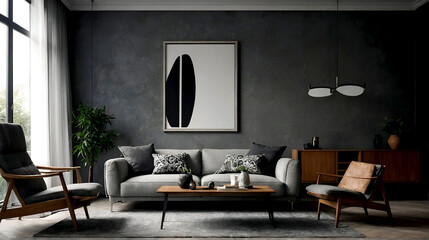 Fototapeta premium Retro style in beautiful living room interior with grey empty wall
