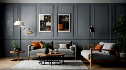 Fototapeta premium Retro style in beautiful living room interior with grey empty wall