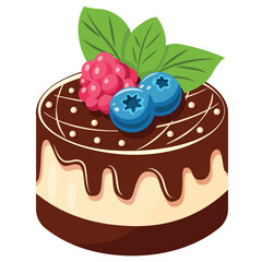 Airy creamy souffle with chocolate glaze and berries. Vector illustration isolated on white background