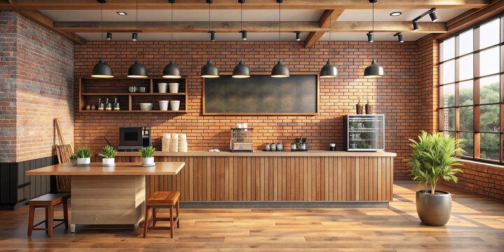3d render of cafe bar restaurant nobody indoor Empty coffee shop interior daytime with wooden design counter red brick wall in background menu writing on blackboard with beautiful lett : Generative AI