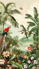 Obraz premium Enchanting rainforest scene featuring vibrant parrots, sleek jaguars, and towering palm trees in pastel hues. Exotic flowers accompany rolling hills in this dense jungle wallpaper.
