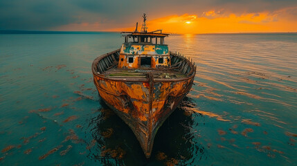 Obraz premium Decayed Wooden Boat at Dusk. Generative AI