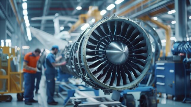 Aerospace Engineering Team Assembling High-Performance Aircraft Engine in Modern Factory Setting