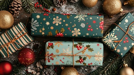 Festive Christmas gift boxes wrapped in decorative paper, adorned with ornaments and surrounded by holiday decorations on a wooden surface.