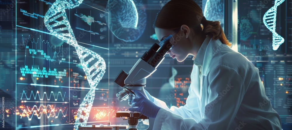 Poster scientist analyzing dna mutations with high-powered microscope and digital genetic data display