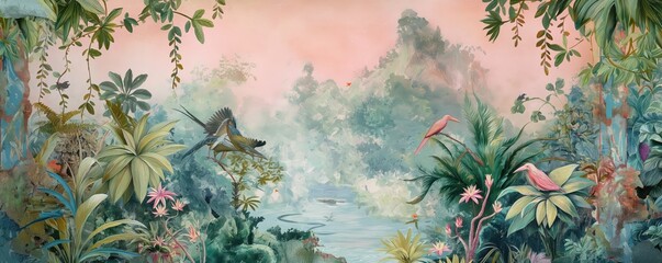 Vintage wallpaper of a hidden jungle with rare birds, thick vines and crystal springs in pastel hues. mural art style. 