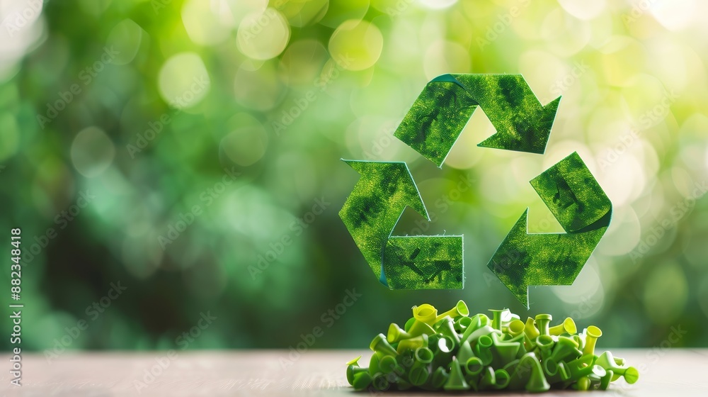 Canvas Prints Green Recycle Symbol on Wooden Table with Blurred Green Background.