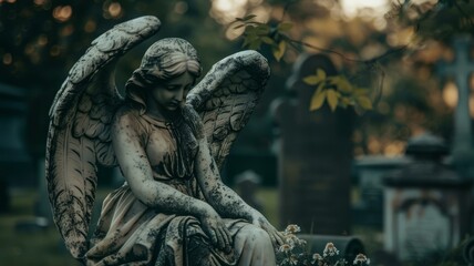 Fototapeta premium Serene angel statue in cemetery at sunset, symbolizing peace, remembrance, and spirituality in tranquil landscape.