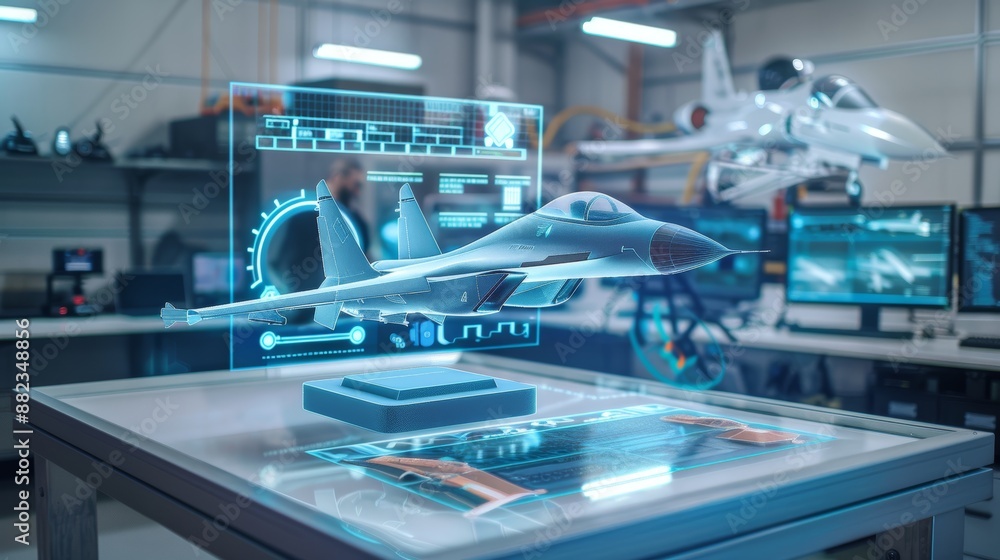 Aufkleber augmented reality interface showcasing holographic aircraft design in modern engineering lab setup