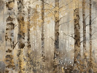 Obraz premium A close-up view of a birch tree forest with white snow falling