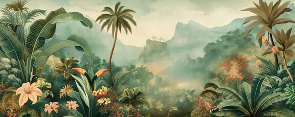 Enchanted Jungle A lush rainforest tapestry with vibrant toucans, whimsical lemurs, and towering palm trees in serene pastel shades, framed by exotic flora and ethereal misty mountains.