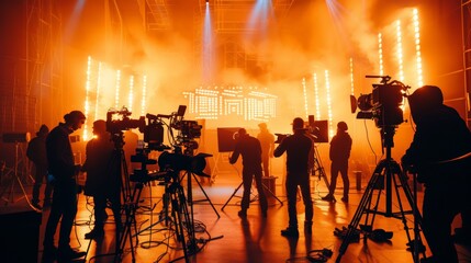 Dynamic Film Crew Setting Cinematic Atmosphere with Lighting and Equipment