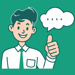 a cartoon of a young man in a suit giving a thumbs up. He has a speech bubble with a white dot. icons illustration vector