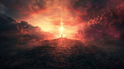 Visualizing Romans 6:23, this artwork contrasts the wages of sin--depicted as a barren, dark landscape--and the free gift of eternal life.