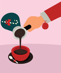 Flat Design Holiday Illustration with Coffee cup,Spoon and Hand