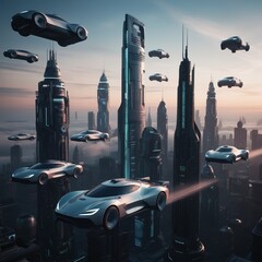 Drone like cars fly over a luxurious buildings with a sunset in the background, text copy space