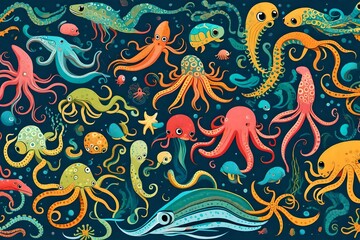 Fototapeta premium Cute color octopuses, sea animals with tentacles. Vector cartoon set of ocean invertebrates, marine animals, squid or kraken with suckers on hands0