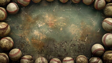 Vintage baseball background with textured surface and space surrounded by collection of used game...