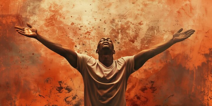African American Christian man stands with arms raised towards sky on grunge canvas background with orange and brown hues. Conveying sense of awe and wonder. Digital art style with vibrant colors.