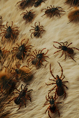 Group of ticks on dog's fur. Concept of danger, illness, parastitism and halthcare.