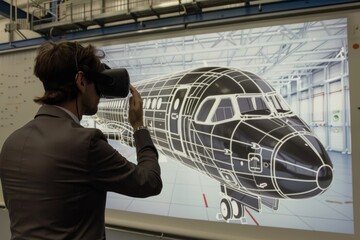 Fototapeta premium Designers Utilizing Virtual Reality for Aircraft Interior Layout Visualization and Refinement