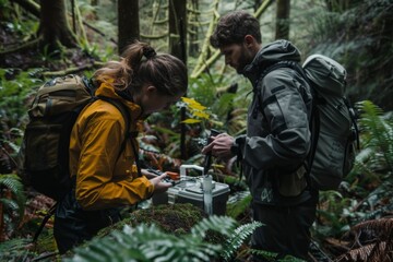 Obraz premium Environmental Scientists Conducting DNA Analysis in Dense Forest for Field Research