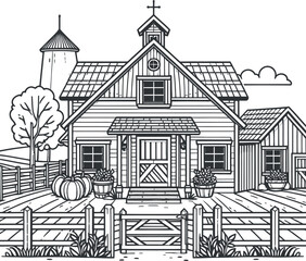 farmhouse line art vector silhouette for coloring book on a white background, farmhouse illustration line art for coloring page