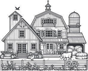 farmhouse line art vector silhouette for coloring book on a white background, farmhouse illustration line art for coloring page