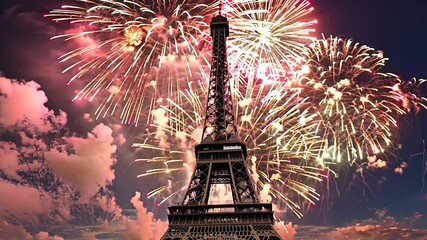 Fireworks explode over the Eiffel Tower during a Bastille Day celebration in Paris, France. - Powered by Adobe