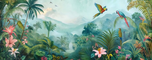 Vintage wallpaper of a lush jungle with colorful parrots, sleek leopards, and majestic palm trees in pastel hues, depicting an enchanting rainforest scene with blooming flowers and rolling hills. 