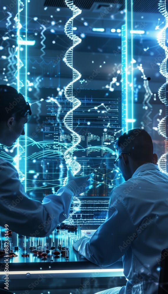 Poster futuristic genetic engineering lab with engineers creating synthetic dna sequences using advanced to