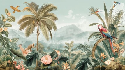 Enchanting Rainforest Tapestry Elegant Macaws and Curious Otters Amidst Pastel Jungle Splendor