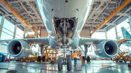 Technicians Utilizing Hydraulic Lifts for Aircraft Undercarriage Repair in a Commercial Hangar
