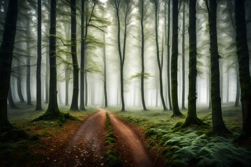 An image of a beautiful forest with fog in bavaria.