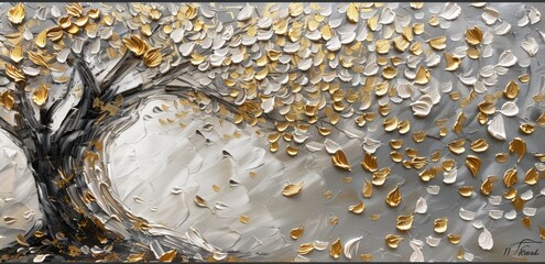3d Oil painting of a silver and gold textured tree 