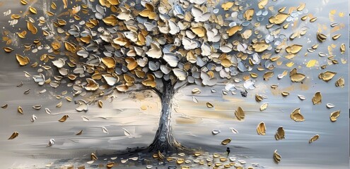 3d Oil painting of a silver and gold textured tree 