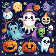 Fototapeta premium Friendly and scary ghosts floating with whimsical and eerie expressions.