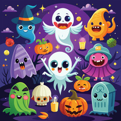 Fototapeta premium Friendly and scary ghosts floating with whimsical and eerie expressions.