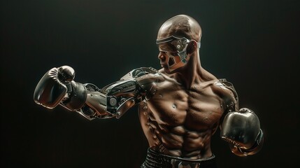 A cybernetic boxer with metal robotic arms