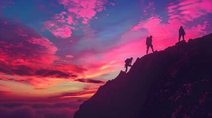 Sunset Climbing Adventure Silhouetted Against a Vibrant, Serene Sky for Inspirational Designs