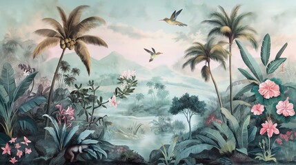 Vintage wallpaper of a lush jungle with vibrant hummingbirds, playful wombats, and majestic palm trees in pastel hues, highlighting an enchanting rainforest with exotic flowers and rolling hills. 