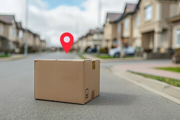 Cardboard box on a residential street with a red location pin floating above it, Package with location pin